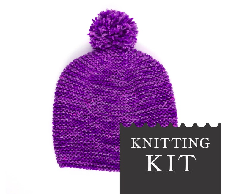 Pom Pom Hat Knitting Kit Hand Dyed Yarn Pom Pom Hat Knitting Pattern DIY Pom Pom Beanie Kit