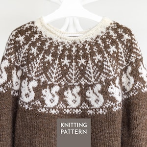 May include: A brown and white knit sweater featuring a circular yoke with a repeating pattern of white squirrels, pine trees, and stars against a brown background. The sweater has a cream-colored ribbed neckline and the text KNITTING PATTERN.