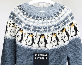 Penguin Icelandic Lopapeysa Sweater Knitting Pattern XS–5XL PDF • Nordic Yoke Pullover • Fair Isle Style