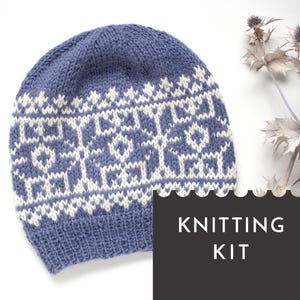 Fair Isle Hat Knitting Kit — Snowflake Nordic Beanie Pattern & Alpaca DIY Craft Kit