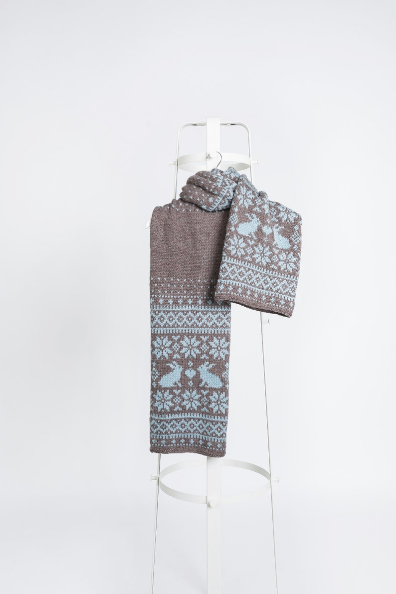 SONKA BUNNY Fair Isle Knit Scarf Kit, Superwash Wool Scarf DIY Craft Kit, Large Nordic Scarf Knitting Pattern Pack image 6