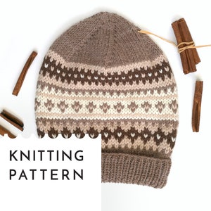 Fair Isle Knit Hat Pattern, Adult and Teens Nordic Hat Knitting PDF Pattern, Aran Yarn Slouchy Beanie Pattern