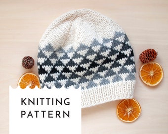 TRIANGLES Knit Hat Pattern, Kid and Adult Hat Knitting PDF Pattern, White Black Aran Yarn Beanie Pattern