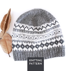 May include: A knitted beanie featuring a fair isle pattern in shades of gray, white, and charcoal. The hat has a ribbed brim and a solid gray crown. A dark gray rectangular overlay at the bottom contains the white text KNITTING PATTERN.