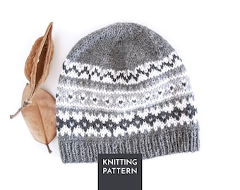 Grey Fair Isle Hat Knitting Pattern PDF • Easy Nordic Beanie Design for Adults & Kids