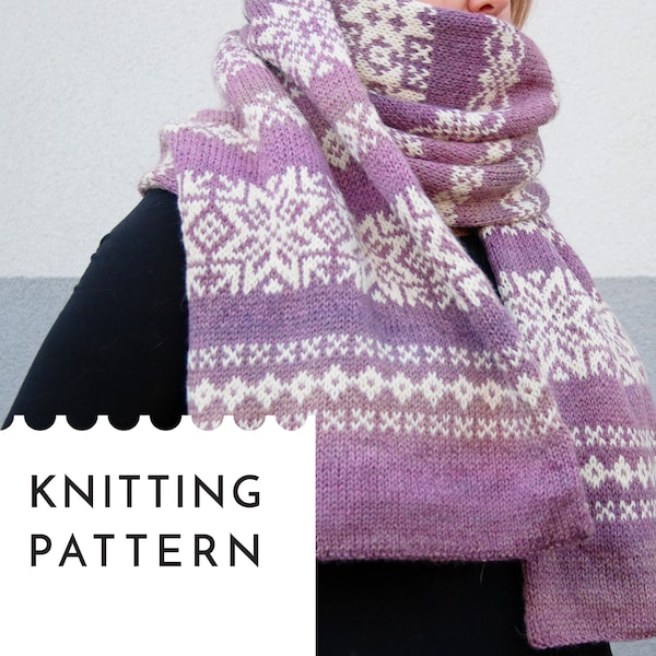 NORRSKEN Fair Isle Scarf Knitting Pattern, Large Long Nordic Oversized Scarf PDF Pattern, Double Layer Winter Snowflake Knit Scarf