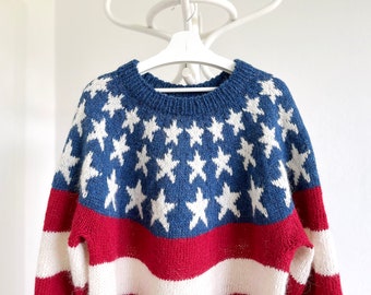 USA Flag Lopapeysa, Nordic Wool Sweater, Hand Knit Icelandic Sweater, Custom Knit Fair Isle Sweater