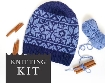 Fair Isle Hat Knitting Kit, NORDIC ROSE diy Craft Kit, Snowflakes Hat Knitting Pattern with Alpaca Wool, NO Needles