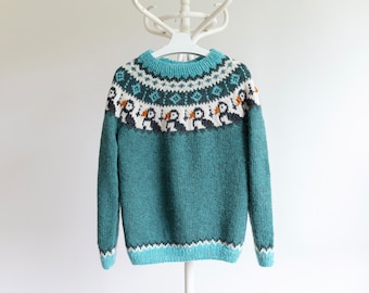 PUFFIN Lopapeysa, Icelandic Wool Sweater, Puffin Sweater, Unique Knit Adult Pullover, Custom Handmade Sweater