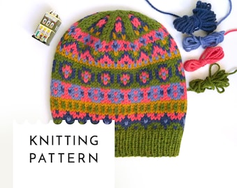 Fair Isle Knit Hat Pattern, Adult and Kid Hat Knitting PDF Pattern, Nordic Hat Pattern, Aran Yarn Beanie Pattern