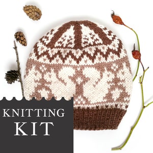 SQUIRRELHat Knitting Kit, Fair Isle Hat Knitting Pattern and Yarn, Brown Nordic Hat DIY, Adult Craft Kit