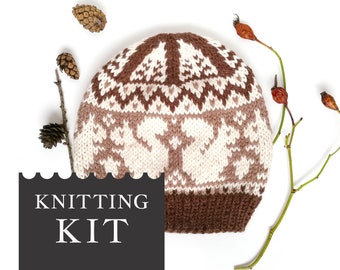 SQUIRRELHat Knitting Kit, Fair Isle Hat Knitting Pattern and Yarn, Brown Nordic Hat DIY, Adult Craft Kit