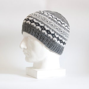 Grey Fair Isle Knit Hat Pattern, Adult and Kid Hat Knitting PDF Pattern, Nordic Hat Pattern, Aran Yarn Beanie Pattern image 3