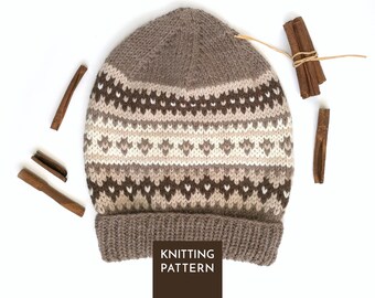 Brown Fair Isle Hat Knitting Pattern PDF • Easy Nordic Beanie Design
