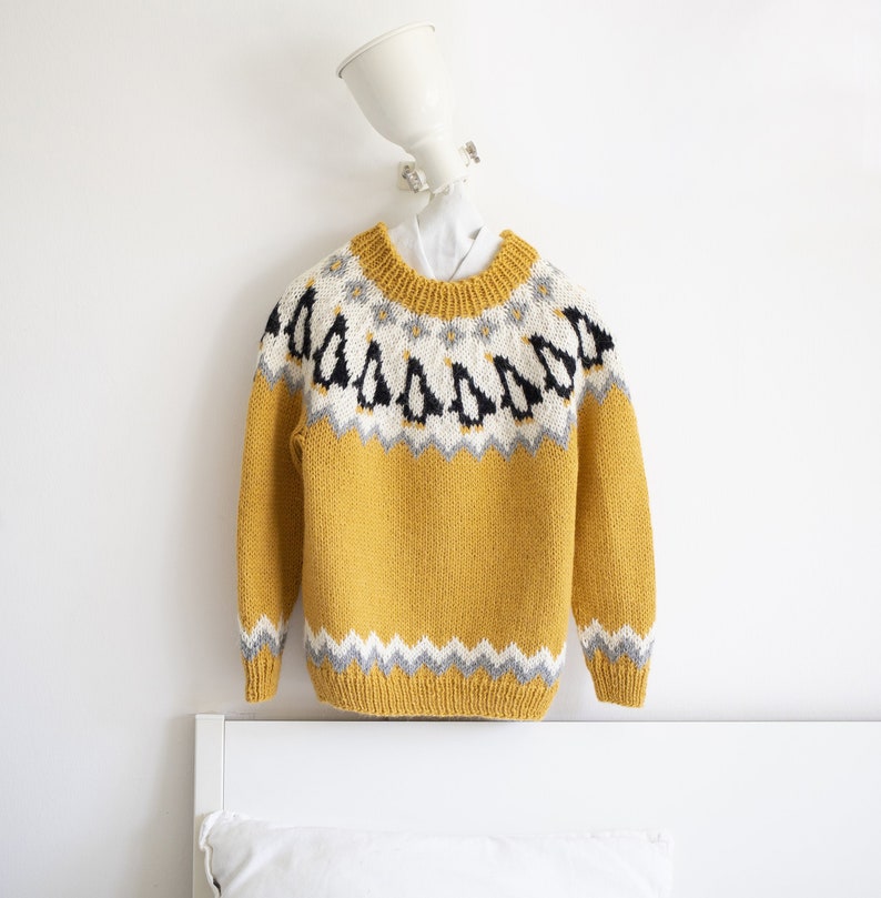 Pinguino Lopapeysa, maglione di lana islandese, maglione pinguino, pullover adulto lavorato a maglia unico, maglione fatto a mano personalizzato immagine 3