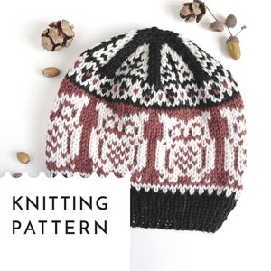 May include: Knitting pattern for a brown and black patterned hat with a white background. The pattern features a repeating design of owls.