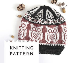 OWL Hat Knitting PDF Pattern, Selbu Owl Knit Hat Pattern, Fair Isle Hat Adult, Aran Yarn Nordic Hat Pattern