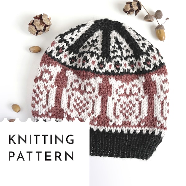 OWL Hat Knitting PDF Pattern, Selbu Owl Knit Hat Pattern, Fair Isle Hat Adult, Aran Yarn Nordic Hat Pattern