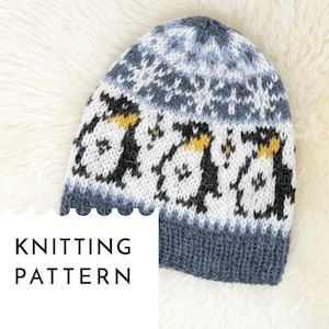 PENGUIN Hat Knitting Pattern, Fair Isle Beanie Knitting Design, Adult Hat Pattern PDF for Aran Yarn