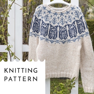 May include: Knitting pattern for a cream coloured sweater with a blue and white owl design. The pattern is called "Knitting Pattern".