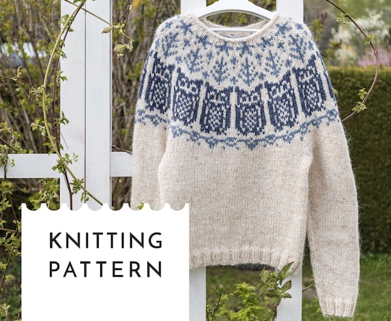 Owl Icelandic Lopapeysa Sweater Knitting Pattern PDF — Nordic Birds Yoke Pullover, Chunky Wool Design