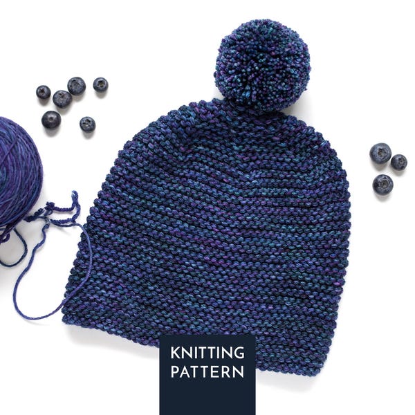 Pom Pom Hat Knitting Pattern PDF • Easy Garter Stitch Beanie Design