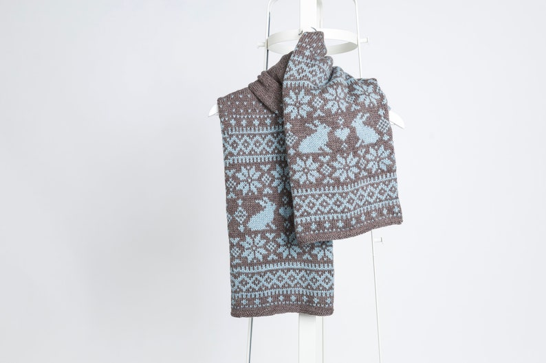 SONKA Bunny Fair Isle Scarf Knitting PDF Pattern, Extra Long Double Layer Scarf Knit Pattern, 8 ply DK Yarn Knitting Pattern image 2