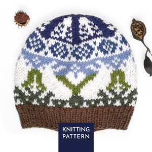 Può includere: Un berretto lavorato a maglia con bordo a coste marrone e un motivo fair isle multicolore in bianco, azzurro, blu scuro e verde oliva. Il design presenta motivi stilizzati di alberi e fiori. Un quadrato blu scuro con il testo KNITTING PATTERN è sovrapposto al centro in basso.