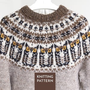 May include: A long-sleeve sweater featuring a round neckline and a yoke decorated with a repeating owl motif in brown, white, black, and yellow. The lower portion of the sweater is a solid light brown. The text KNITTING PATTERN is visible.