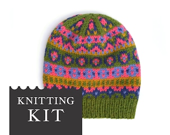 BERGEN Fair Isle Hat Knitting Kit, Nordic Beanie Knitting Pattern, Adult and Kid Knitted Hat, DIY Craft Kit with Yarn, NO Needles