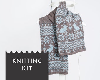 SONKA BUNNY Fair Isle Knit Scarf Kit, Superwash Wool Scarf DIY Craft Kit, Large Nordic Scarf Knitting Pattern Pack
