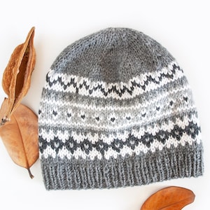 Grey Fair Isle Knit Hat Pattern, Adult and Kid Hat Knitting PDF Pattern, Nordic Hat Pattern, Aran Yarn Beanie Pattern image 5
