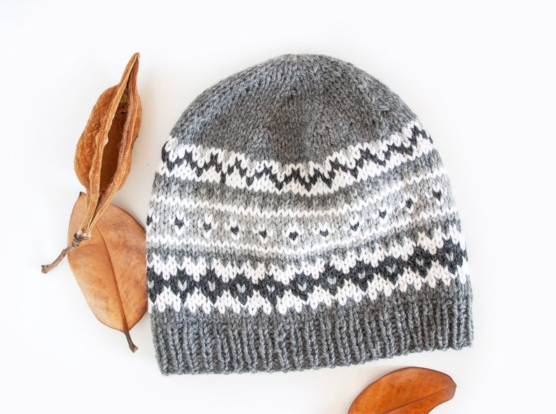 Grey Fair Isle Knit Hat Pattern, Adult and Kid Hat Knitting PDF Pattern, Nordic Hat Pattern, Aran Yarn Beanie Pattern image 5