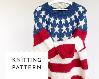 US FLAG Sweater Knitting Pattern, Patriotic Jumper PDF Pattern, Icelandic Style Lopapeysa Seamless Bottom Up Knit Pullover for Aran Yarn