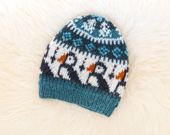 PUFFIN Knitted Wool Hat, Hand Knit Icelandic Bird Hat, Unique Knitted Beanie