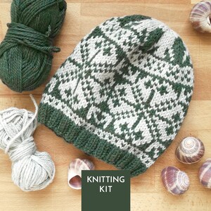 Può includere: Un berretto lavorato a maglia con un motivo geometrico bicolore verde e bianco sporco, accompagnato da un gomitolo di filato verde scuro, un gomitolo di filato bianco sporco e quattro piccole conchiglie. Un'etichetta rettangolare verde scuro riporta il testo KNITTING KIT.
