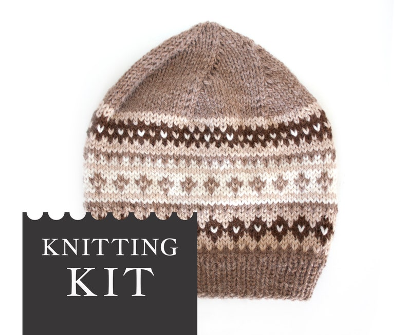 Fair Isle Hat Knitting Kit, DIY Craft Kit with Wool and Knitting Pattern, Nordic Beanie for Men and Women, Unique Gift for Knitters image 1