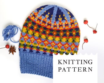 Fair Isle Hat Knitting Pattern PDF, Nordic Beanie Design for Aran Yarn