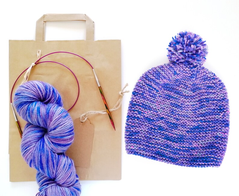 Pom Pom Hat Knitting Kit Hand Dyed Yarn Pom Pom Hat Knitting Pattern DIY Pom Pom Beanie Kit