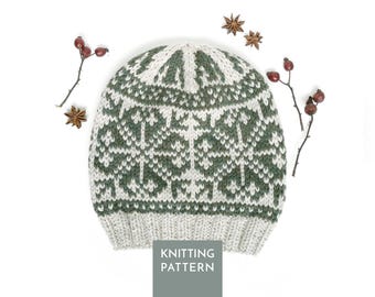 Snowflake Selbu Hat Knitting Pattern PDF • Norwegian Fair Isle Beanie
