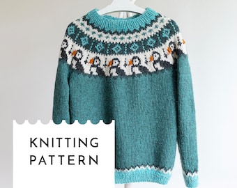 PUFFIN Lopapeysa Knitting Pattern, Nordic Sweater PDF Pattern in English & German, Seamless Bottom Up Icelandic Knit Pullover for Lettlopi