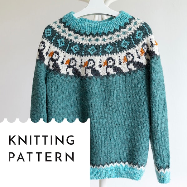 PUFFIN Lopapeysa Knitting Pattern, Nordic Sweater PDF Pattern in English & German, Seamless Bottom Up Icelandic Knit Pullover for Lettlopi
