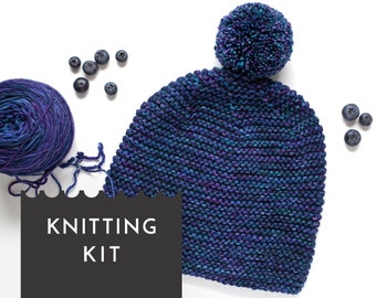 POM POM Hat Knitting Kit, Pom Pom Beanie Craft Kit with Hand Dyed Yarn and Knitting Pattern, Beginner Knitting