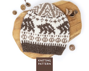 May include: A knitted beanie featuring a fair isle pattern with brown and white bear silhouettes, geometric shapes, and a solid dark brown ribbed brim. The text KNITTING PATTERN is displayed in a brown box at the bottom of the image.