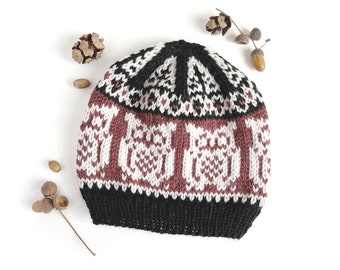OWL Knit Hat, Nordic Alpaca Wool Hand Knitted Hat, Fair Isle Knit Hat, Cozy Unisex Beanie
