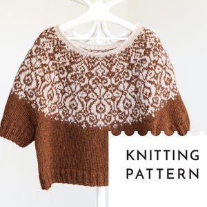 May include: Knitting pattern for a brown and white jumper with a geometric design. The pattern is titled "Knitting Pattern".