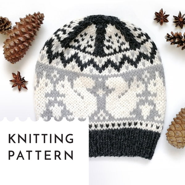 Grey Squirrel Hat Knitting PDF Pattern, Selbu Squirrel Knit Hat Pattern, Fair Isle Hat Adult, Aran Yarn Nordic Hat Pattern