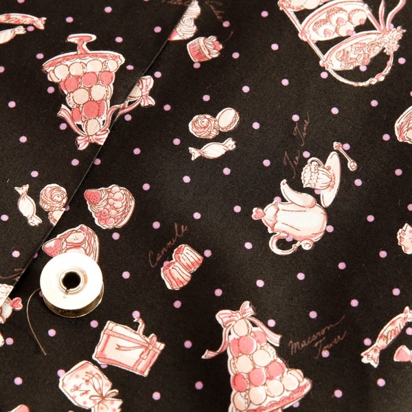 Black kawaii Japanese cotton fabric 110x100cm, sweets, macarons, tea
