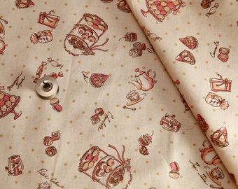 Ivory kawaii Japanese cotton fabric 110x100cm, sweets, macarons, tea