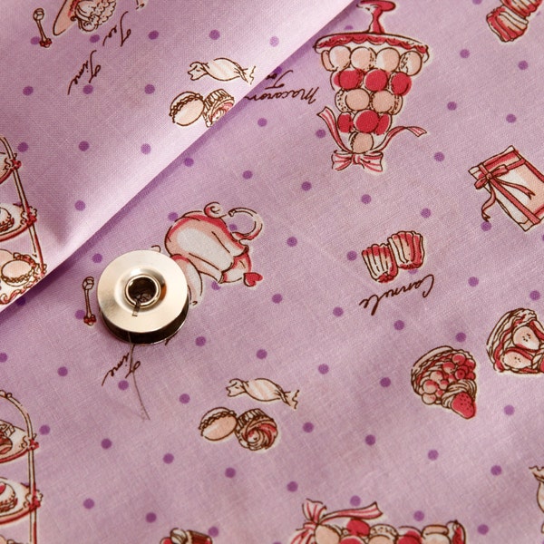 Purple kawaii Japanese cotton fabric 110x100cm, sweets, macarons, tea